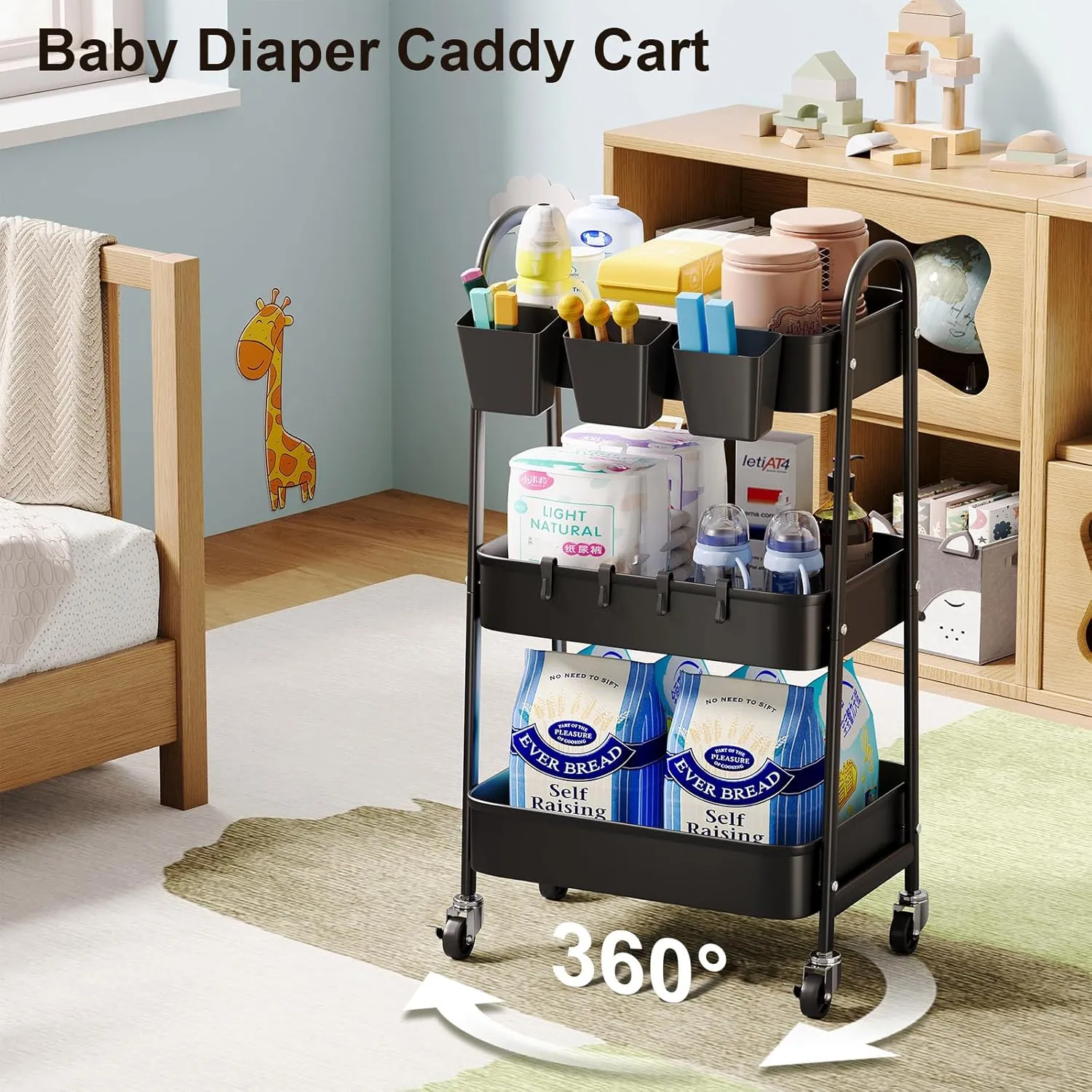 3 Tier Black Metal Rolling Cart with Lockable Wheels and Cups, Three Tiered Utility Storage Organizer on Wheels for Bathroom, Kitchen, Laundry, Garage, Office, Craft, Art, Baby Diaper, Snacks, Books