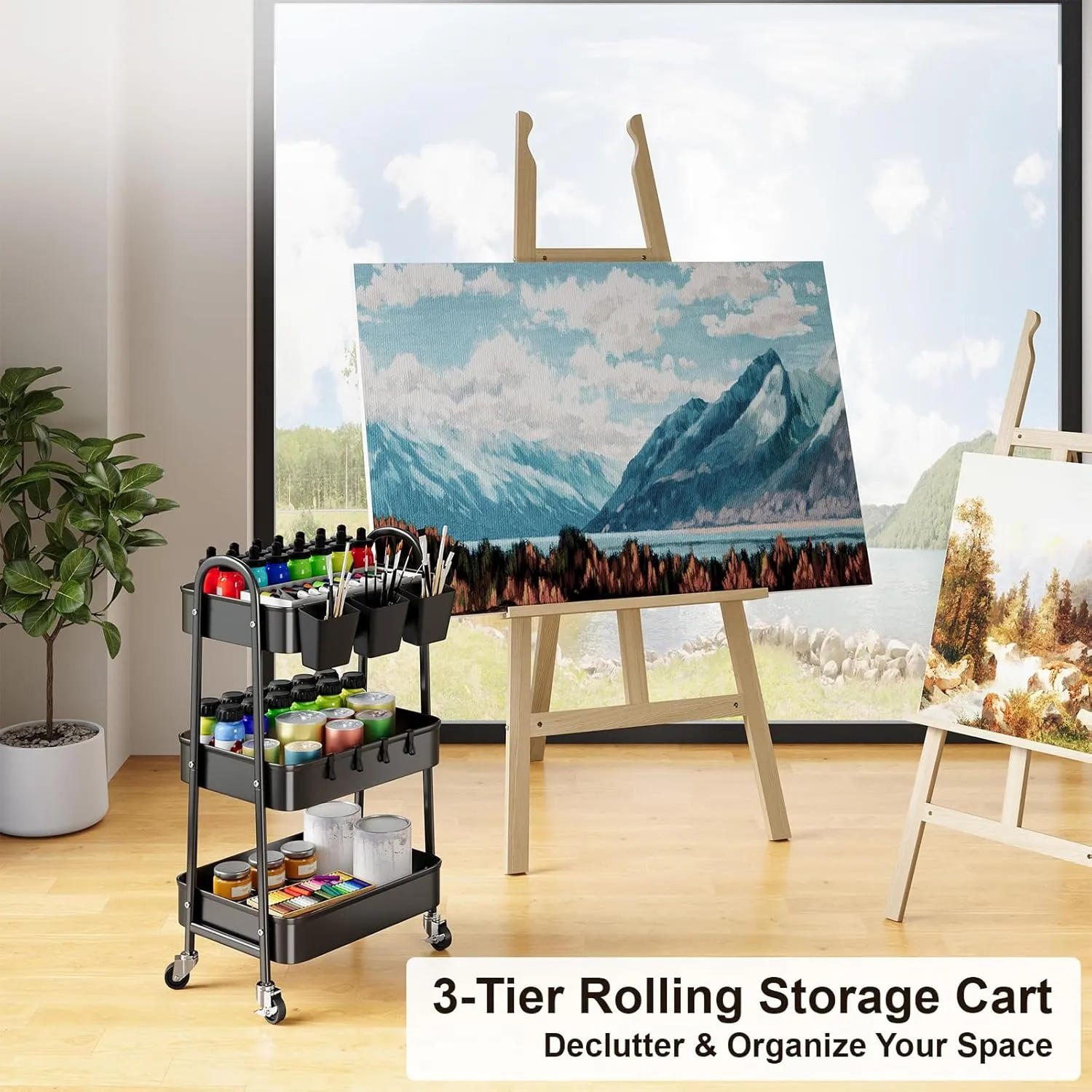 3 Tier Black Metal Rolling Cart with Lockable Wheels and Cups, Three Tiered Utility Storage Organizer on Wheels for Bathroom, Kitchen, Laundry, Garage, Office, Craft, Art, Baby Diaper, Snacks, Books