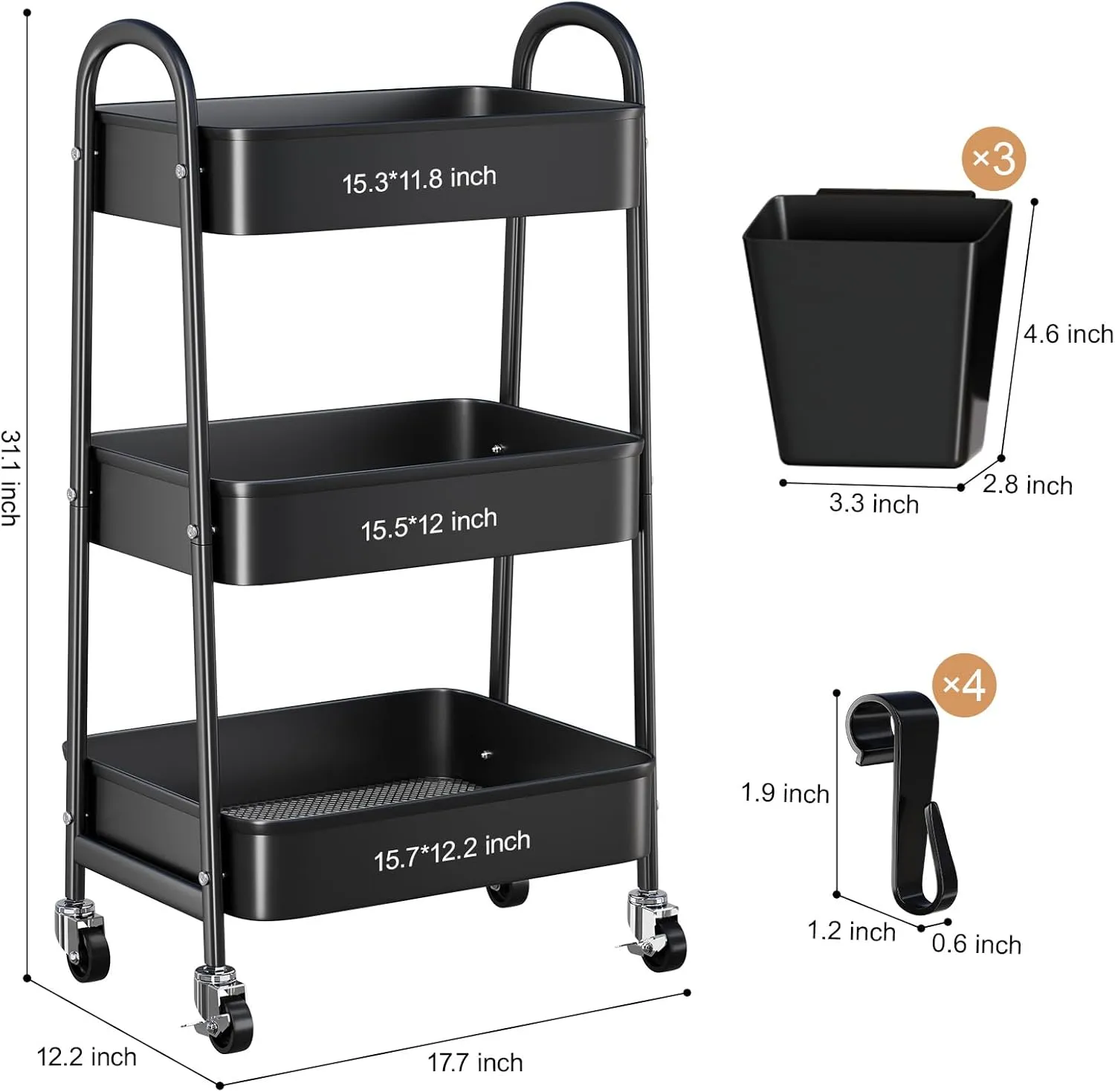 3 Tier Black Metal Rolling Cart with Lockable Wheels and Cups, Three Tiered Utility Storage Organizer on Wheels for Bathroom, Kitchen, Laundry, Garage, Office, Craft, Art, Baby Diaper, Snacks, Books