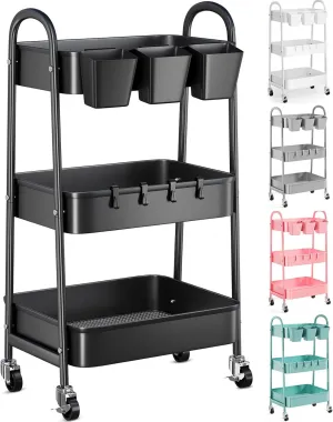 3 Tier Black Metal Rolling Cart with Lockable Wheels and Cups, Three Tiered Utility Storage Organizer on Wheels for Bathroom, Kitchen, Laundry, Garage, Office, Craft, Art, Baby Diaper, Snacks, Books