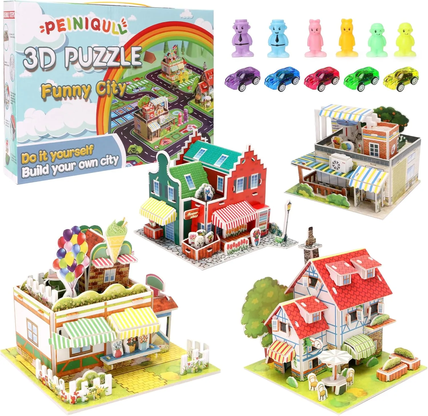 3D Puzzles for Kids with 4 House Building Kit, 3D Cartoon Paper Puzzles Toy City with 5 Cars, 6 Dolls and a Map, Cardboard Building Kit STEM Toys for Girls Boys 8-12 Christmas Birthday (Dark Green)