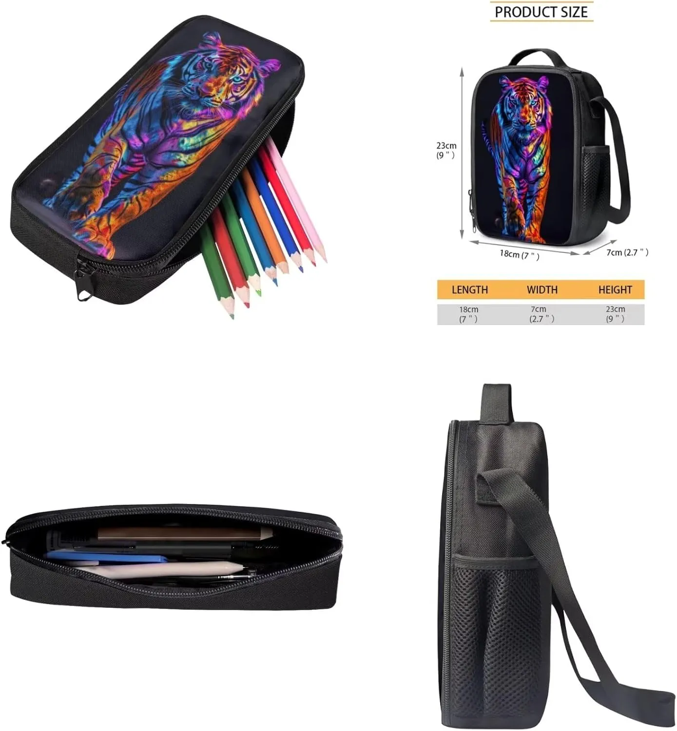 3D Tiger Print Schoolbag Set for Student, Lightweight Backpack Set with Lunch bag and Pencil Bag for Boys Teens, Large Capacity Bookbag Set for Kindergarten Elementary