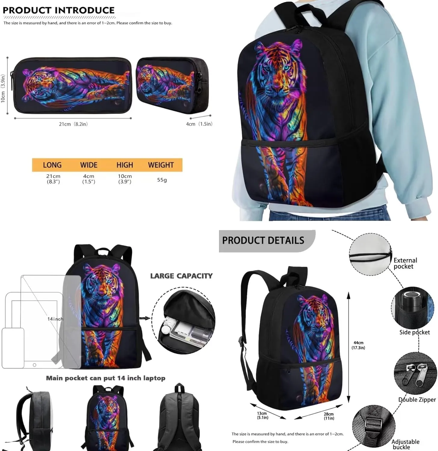 3D Tiger Print Schoolbag Set for Student, Lightweight Backpack Set with Lunch bag and Pencil Bag for Boys Teens, Large Capacity Bookbag Set for Kindergarten Elementary