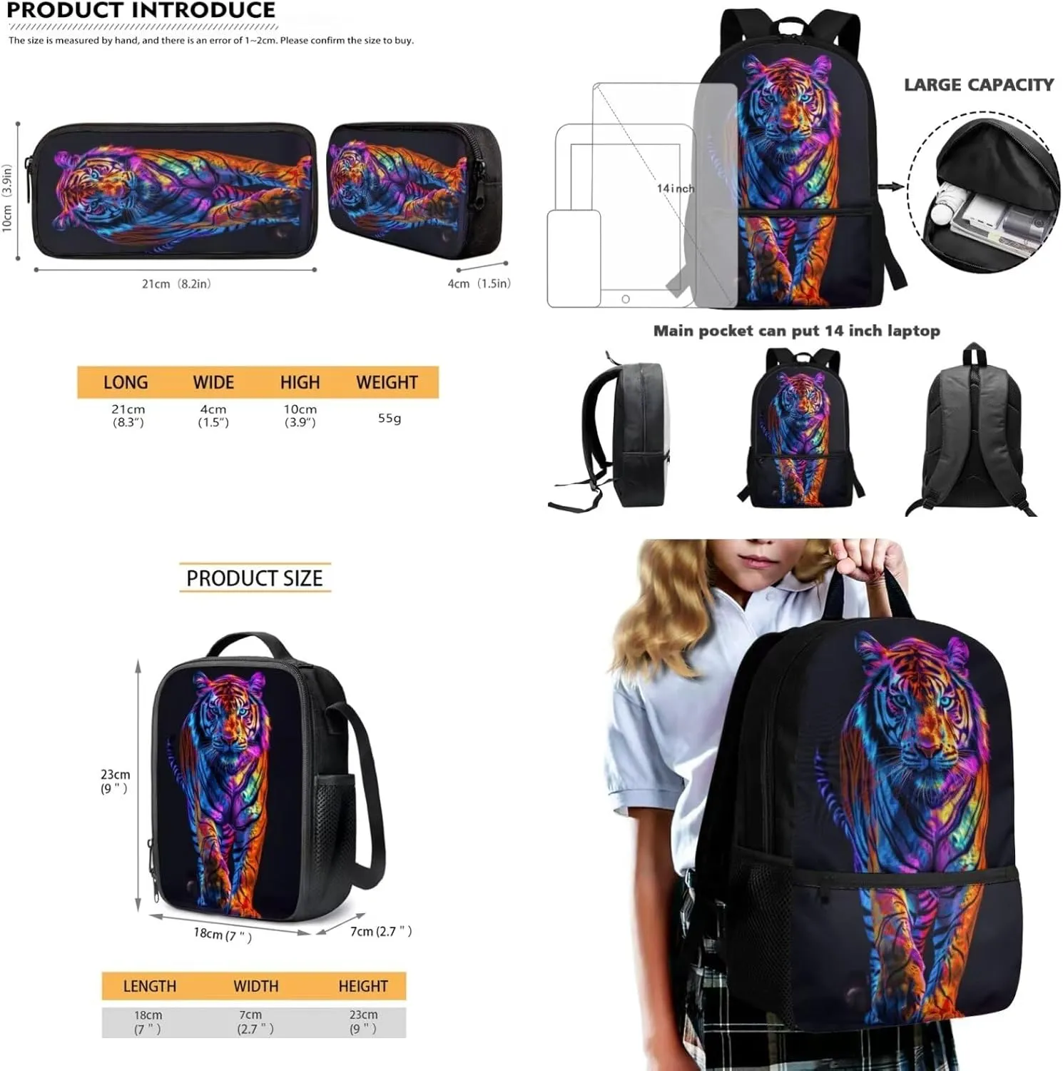 3D Tiger Print Schoolbag Set for Student, Lightweight Backpack Set with Lunch bag and Pencil Bag for Boys Teens, Large Capacity Bookbag Set for Kindergarten Elementary