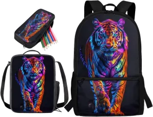 3D Tiger Print Schoolbag Set for Student, Lightweight Backpack Set with Lunch bag and Pencil Bag for Boys Teens, Large Capacity Bookbag Set for Kindergarten Elementary