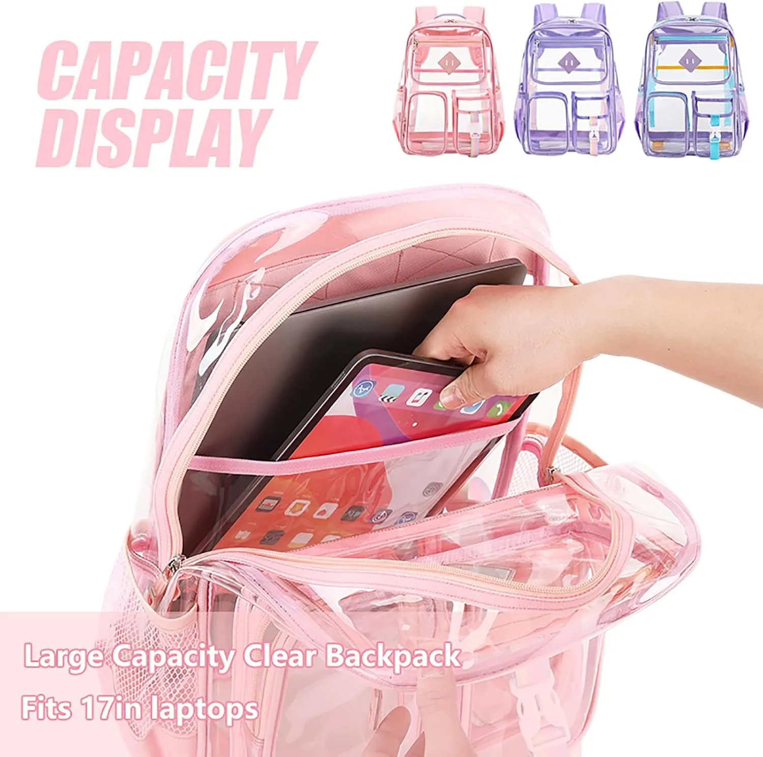 3Pcs Clear Backpack Set, Heavy Duty PVC Transparent Daypack 17in Laptop bag, See Through Large Capacity Double Shoulder Backpack with Plush Pencil Case Key Chain(Pink)