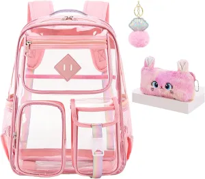 3Pcs Clear Backpack Set, Heavy Duty PVC Transparent Daypack 17in Laptop bag, See Through Large Capacity Double Shoulder Backpack with Plush Pencil Case Key Chain(Pink)