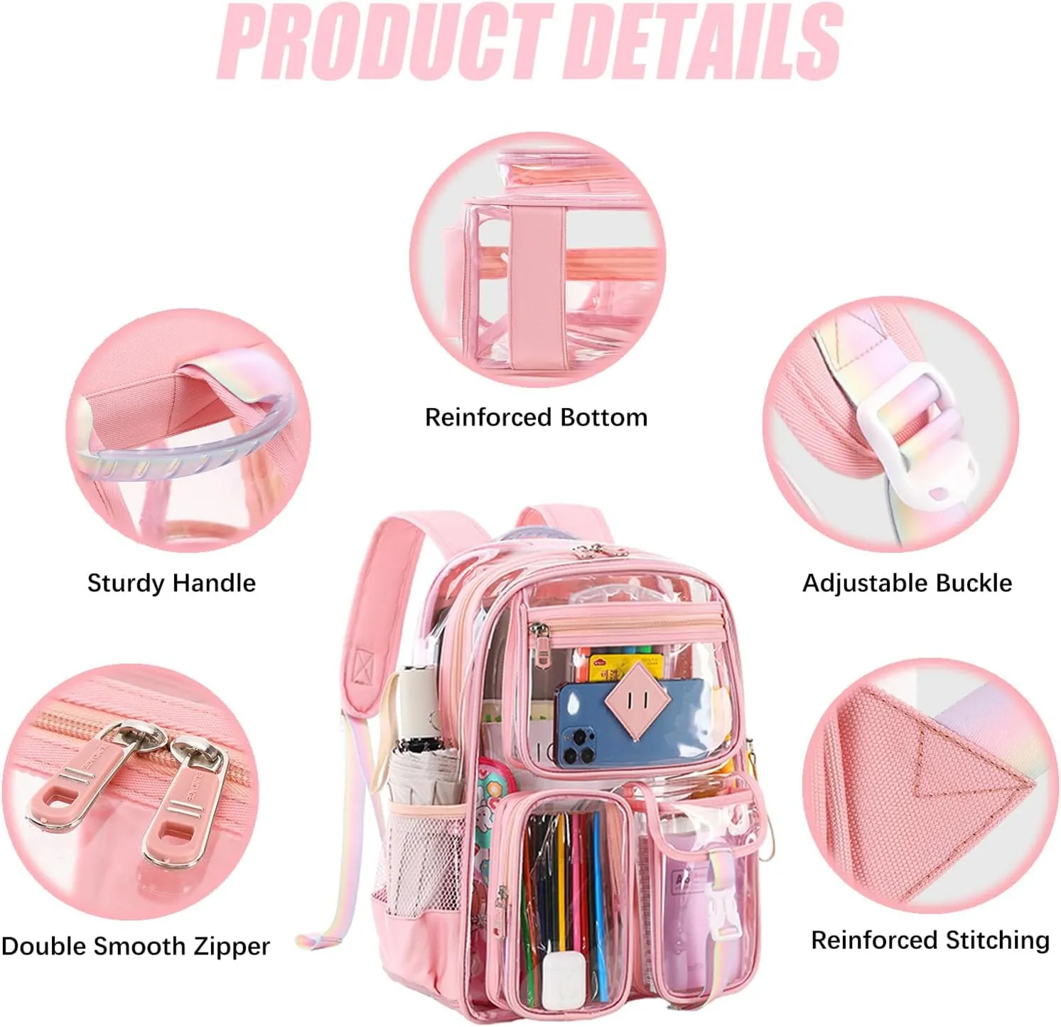 3Pcs Clear Backpack Set, Heavy Duty PVC Transparent Daypack 17in Laptop bag, See Through Large Capacity Double Shoulder Backpack with Plush Pencil Case Key Chain(Pink)