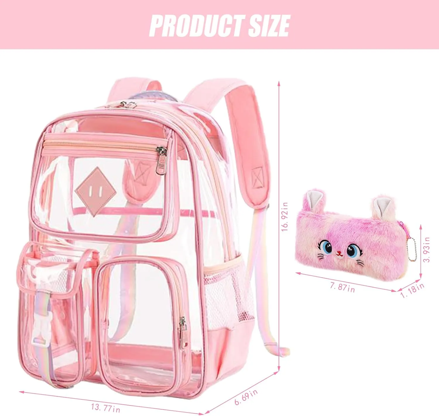 3Pcs Clear Backpack Set, Heavy Duty PVC Transparent Daypack 17in Laptop bag, See Through Large Capacity Double Shoulder Backpack with Plush Pencil Case Key Chain(Pink)