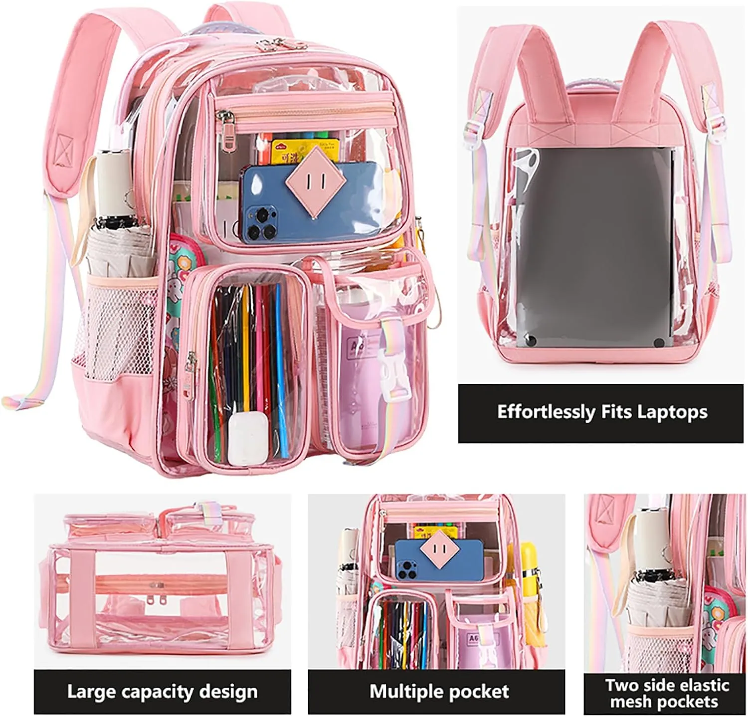 3Pcs Clear Backpack Set, Heavy Duty PVC Transparent Daypack 17in Laptop bag, See Through Large Capacity Double Shoulder Backpack with Plush Pencil Case Key Chain(Pink)