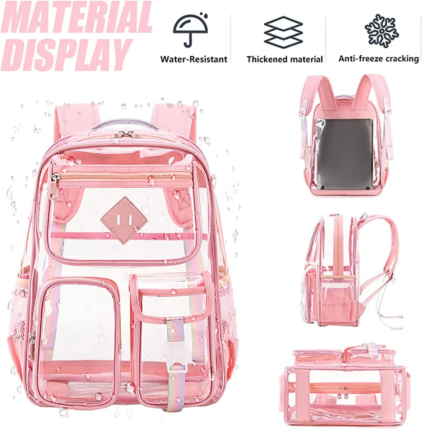 3Pcs Clear Backpack Set, Heavy Duty PVC Transparent Daypack 17in Laptop bag, See Through Large Capacity Double Shoulder Backpack with Plush Pencil Case Key Chain(Pink)
