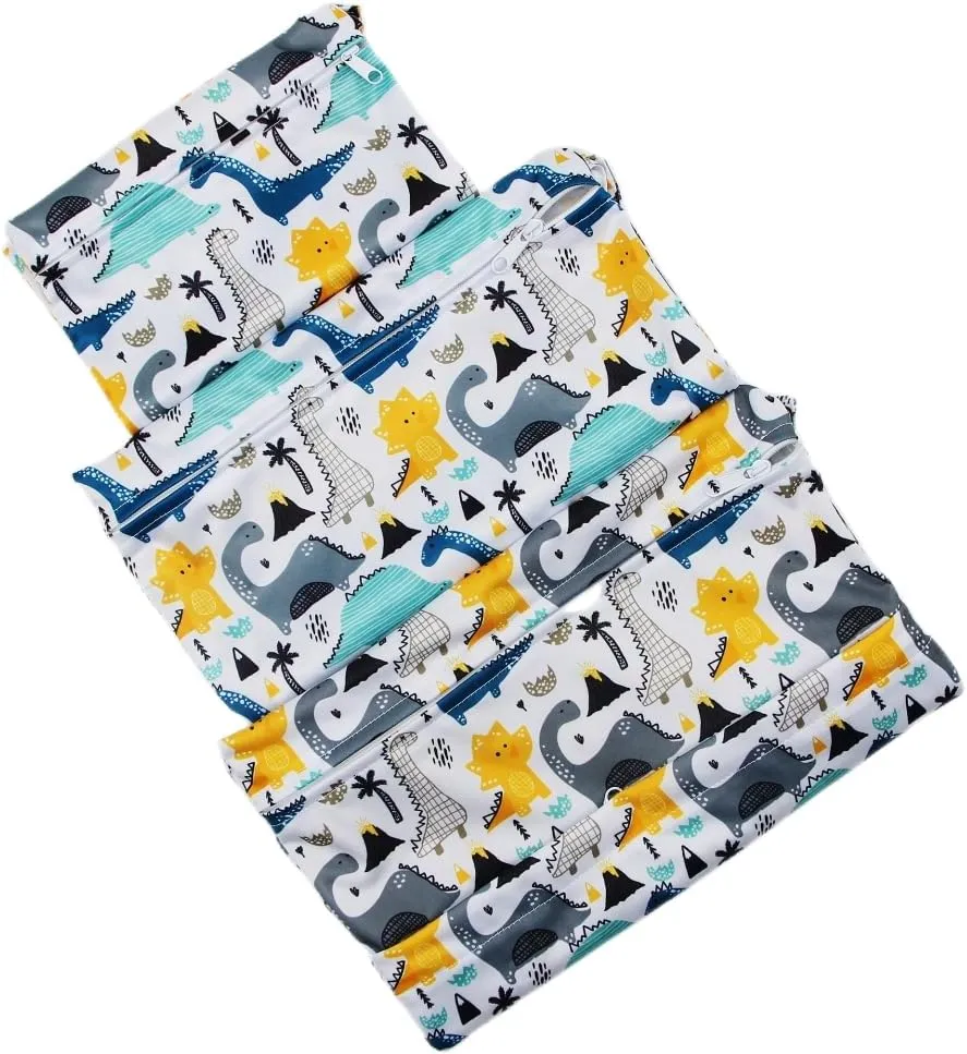 3pcs Cloth Diaper Wet Dry Bags Waterproof Reusable with Two Zippered Pockets Travel Beach Pool Daycare Soiled Baby Items Yoga Gym Bag for Swimsuits or Wet Clothes (dinosaur)