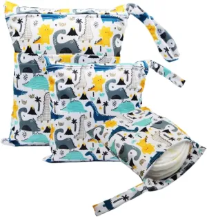 3pcs Cloth Diaper Wet Dry Bags Waterproof Reusable with Two Zippered Pockets Travel Beach Pool Daycare Soiled Baby Items Yoga Gym Bag for Swimsuits or Wet Clothes (dinosaur)