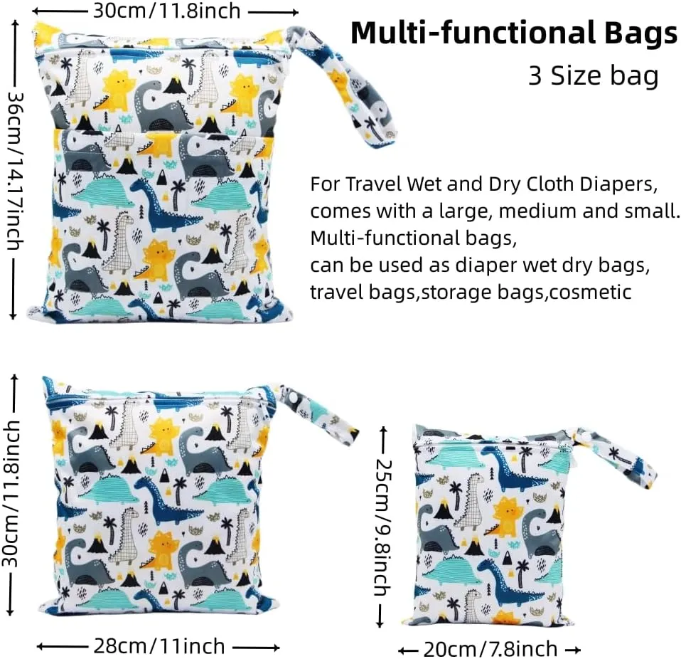 3pcs Cloth Diaper Wet Dry Bags Waterproof Reusable with Two Zippered Pockets Travel Beach Pool Daycare Soiled Baby Items Yoga Gym Bag for Swimsuits or Wet Clothes (dinosaur)