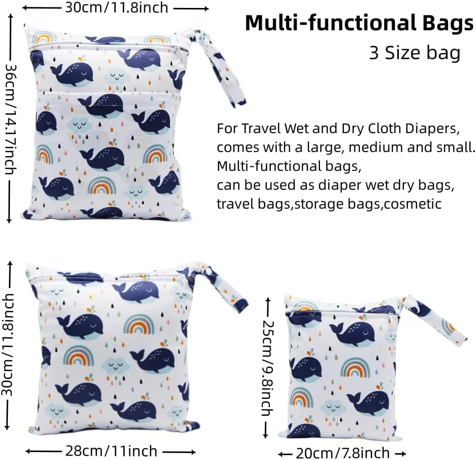 3pcs Cloth Diaper Wet Dry Bags Waterproof Reusable with Two Zippered Pockets Travel Beach Pool Daycare Soiled Baby Items Yoga Gym Bag for Swimsuits or Wet Clothes
