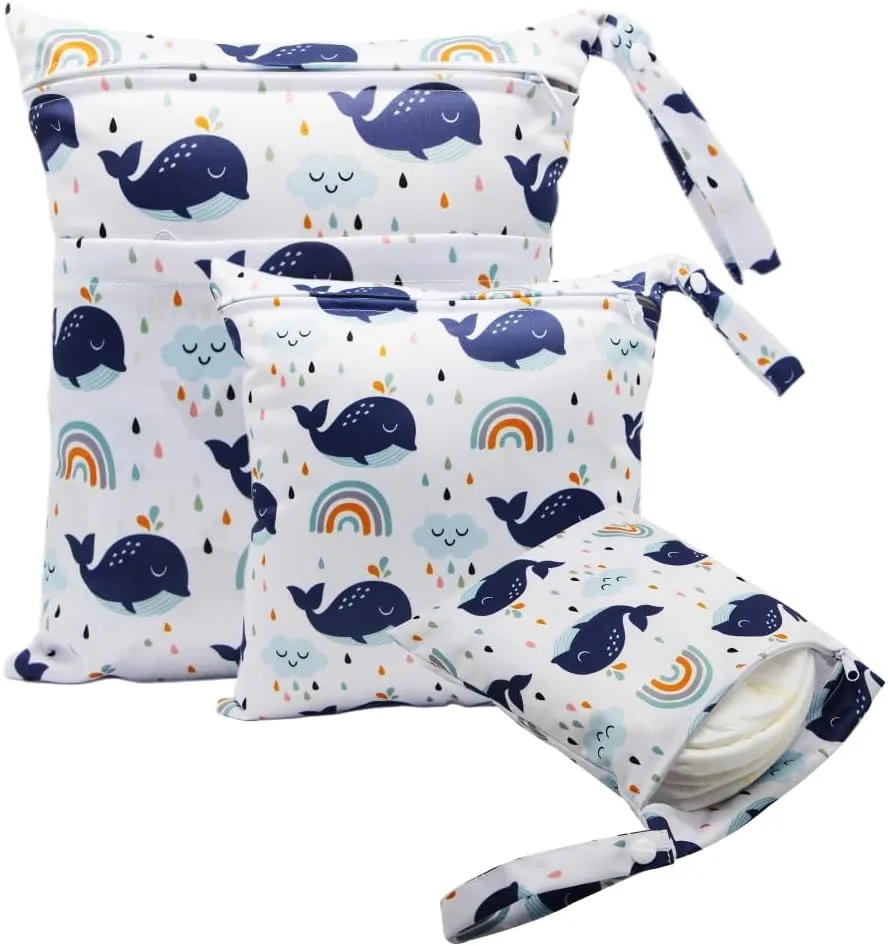3pcs Cloth Diaper Wet Dry Bags Waterproof Reusable with Two Zippered Pockets Travel Beach Pool Daycare Soiled Baby Items Yoga Gym Bag for Swimsuits or Wet Clothes