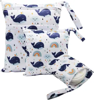 3pcs Cloth Diaper Wet Dry Bags Waterproof Reusable with Two Zippered Pockets Travel Beach Pool Daycare Soiled Baby Items Yoga Gym Bag for Swimsuits or Wet Clothes