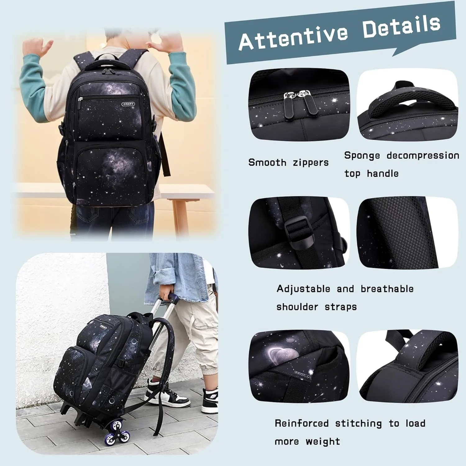 3Pcs Galaxy Boys Rolling Backpack Set with Lunch Bag, Galaxy Print Kids Backpack for Boys with Wheels