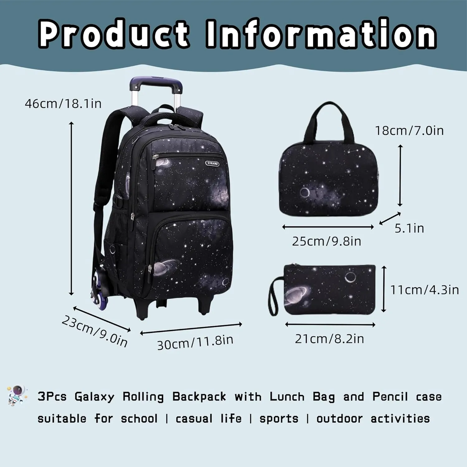 3Pcs Galaxy Boys Rolling Backpack Set with Lunch Bag, Galaxy Print Kids Backpack for Boys with Wheels