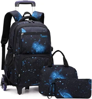3Pcs Galaxy Boys Rolling Backpack Set with Lunch Bag, Galaxy Print Kids Backpack for Boys with Wheels