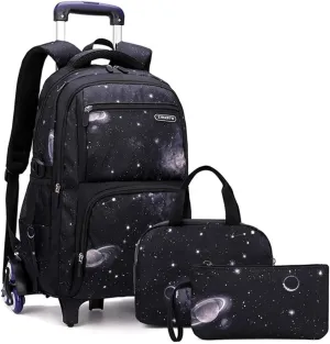 3Pcs Galaxy Boys Rolling Backpack Set with Lunch Bag, Galaxy Print Kids Backpack for Boys with Wheels