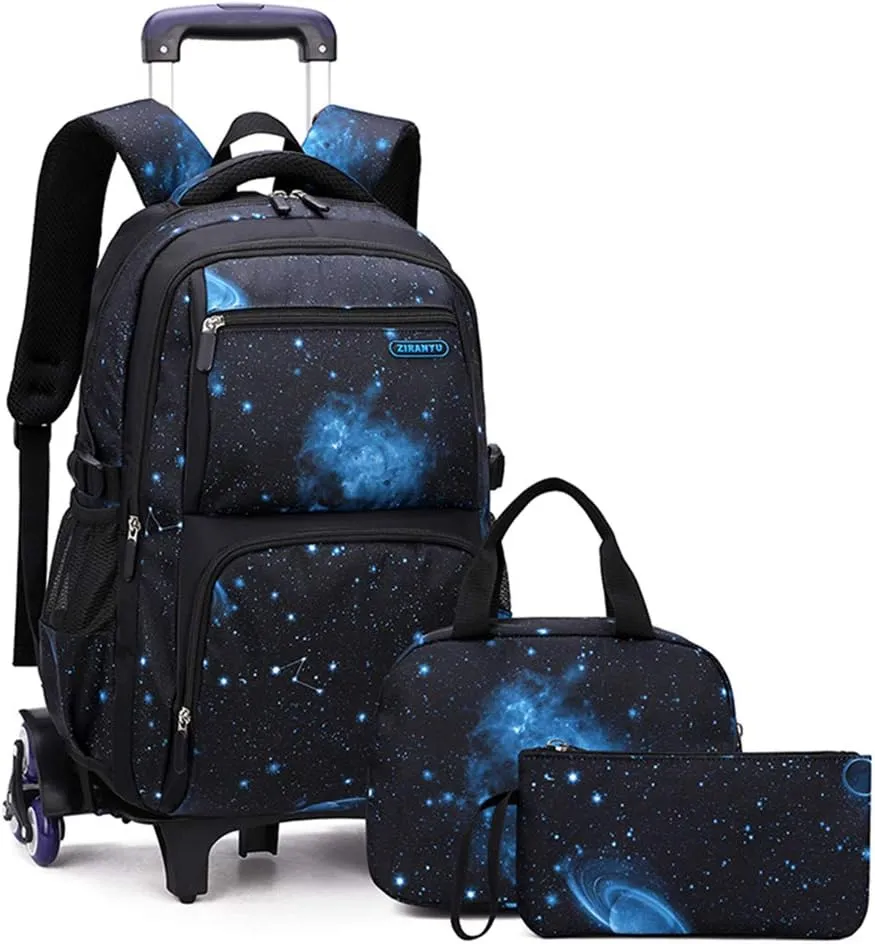 3Pcs Galaxy Boys Rolling Backpack Set with Lunch Bag, Galaxy Print Kids Backpack for Boys with Wheels