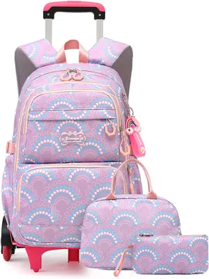 3PCS Girls Rolling Backpack Elementary Student Schoolbag Travel Trolley Bag Wheeled Bookbag with Lunch Box