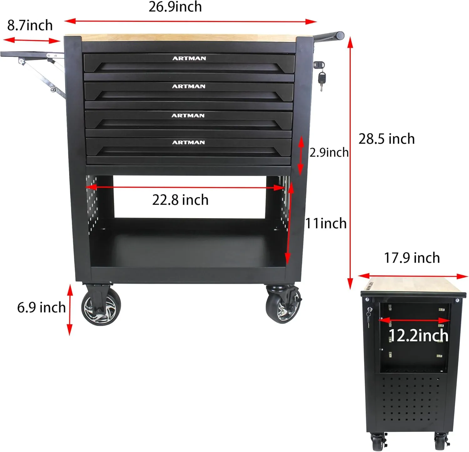 4 Drawers Tool Box with Wheels, Rolling Tool Chest Rolling Tool Cart with Drawers, Multifunction Tool Box for Mechanic Tool Cart, Tool Box Organizers and Storage for Garage, Black
