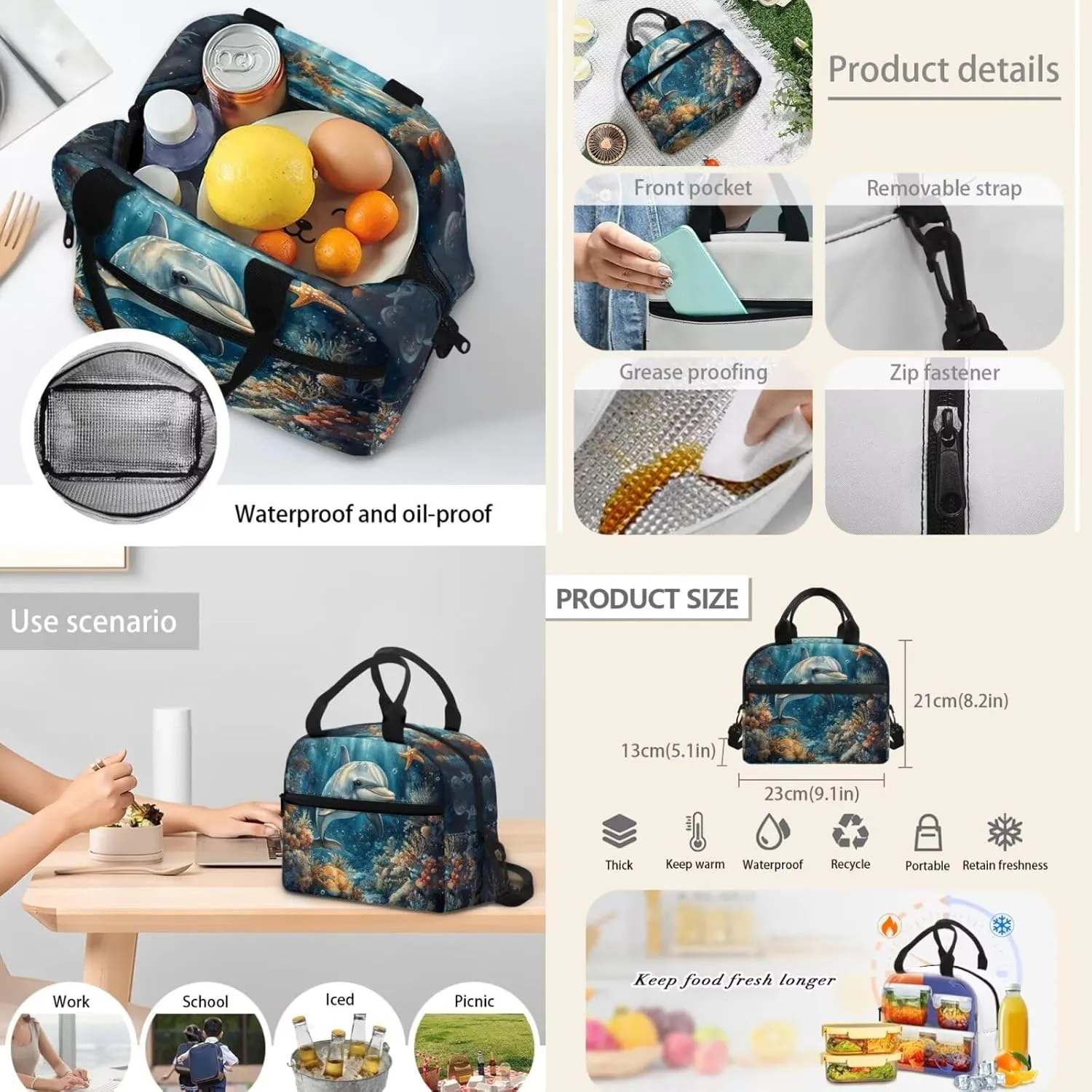 4 Pcs Dolphin Matching Backpack and Lunchbox Set for Girls Lightweight Primary School Bag Set for Toddler Girls Backpack Ages 6-8 with Water Bottle Sleeve Travel Insulated Water Bottle Set