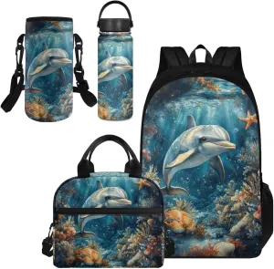 4 Pcs Dolphin Matching Backpack and Lunchbox Set for Girls Lightweight Primary School Bag Set for Toddler Girls Backpack Ages 6-8 with Water Bottle Sleeve Travel Insulated Water Bottle Set