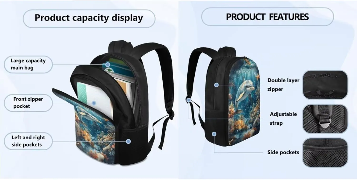 4 Pcs Dolphin Matching Backpack and Lunchbox Set for Girls Lightweight Primary School Bag Set for Toddler Girls Backpack Ages 6-8 with Water Bottle Sleeve Travel Insulated Water Bottle Set