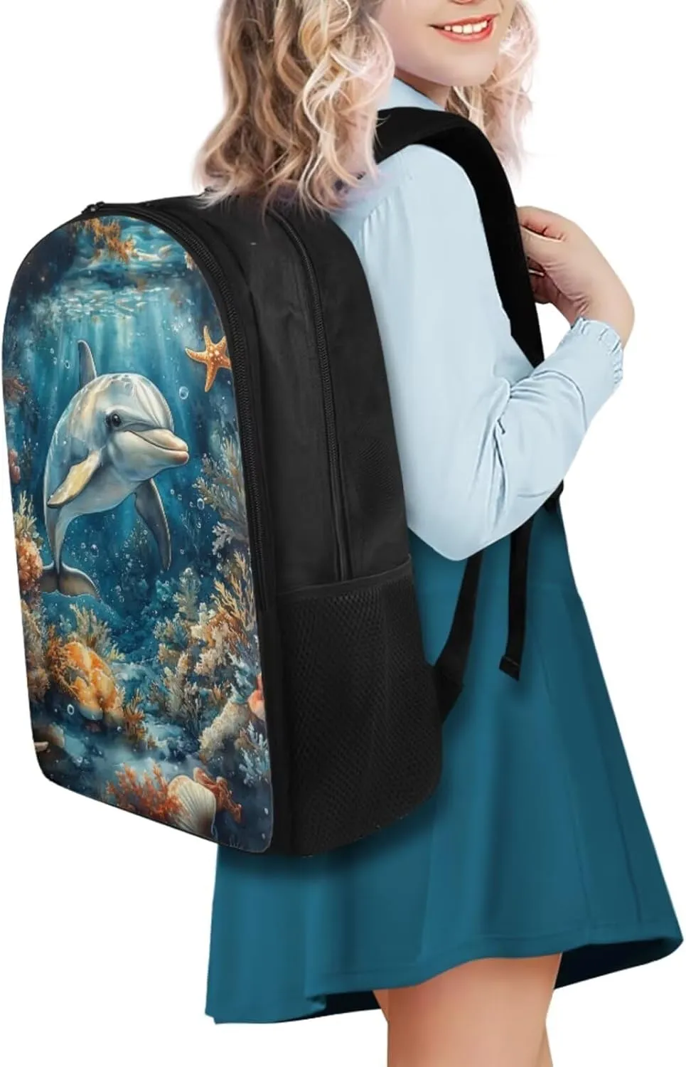 4 Pcs Dolphin Matching Backpack and Lunchbox Set for Girls Lightweight Primary School Bag Set for Toddler Girls Backpack Ages 6-8 with Water Bottle Sleeve Travel Insulated Water Bottle Set