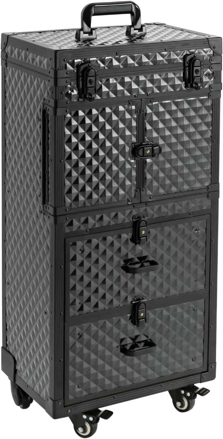 4 Tire Rolling Makeup Case, 33.07LBS Capacity Makeup Rolling Train Case with Locks & Universal Wheels, Cosmetics Storage Organizer Trolley for Beauty Parlor Salon, Black