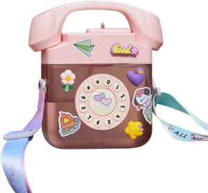 400ML Telephone Shape Plastic Water Bottle Children's Straw Kettle With Strap Stickers For School Travel Sports Outdoor Children's Straw Kettle With Strap