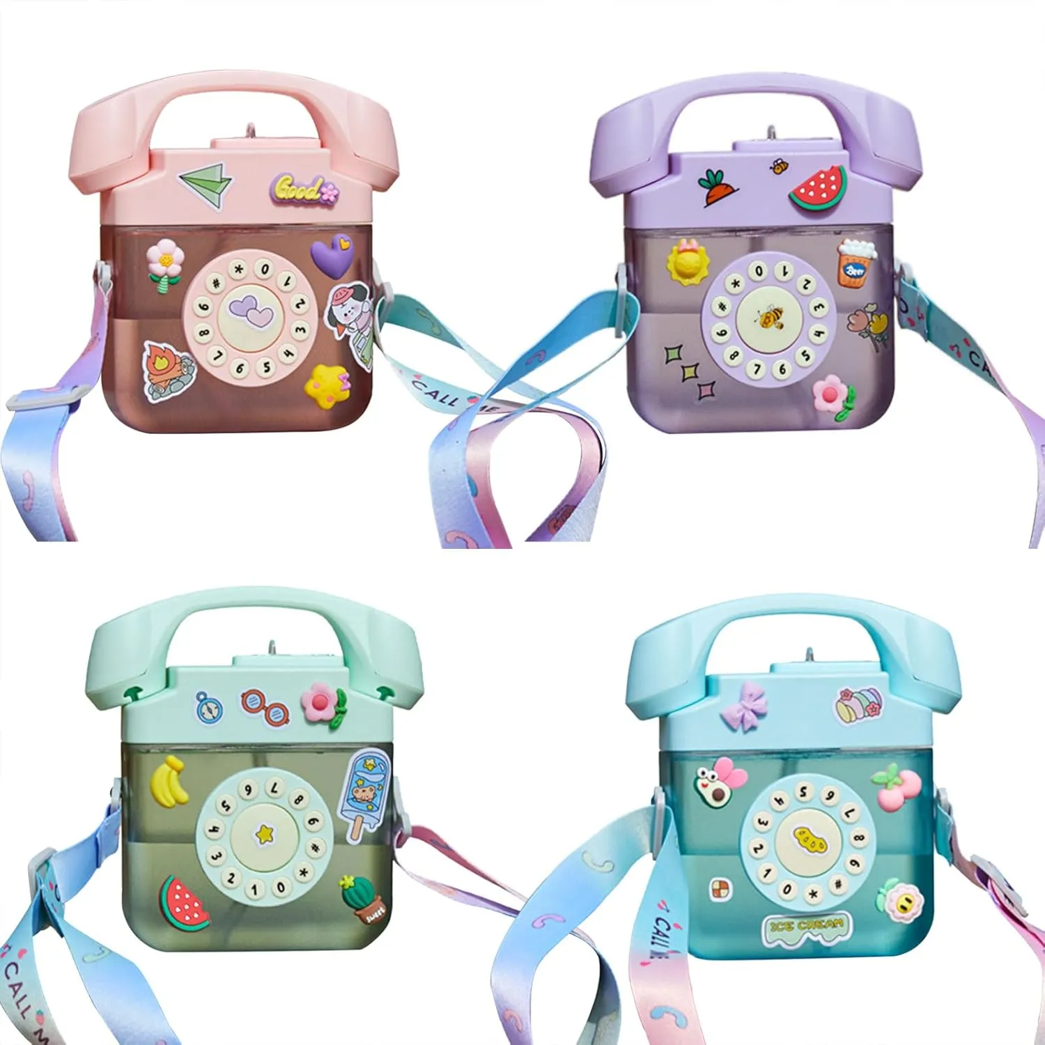 400ML Telephone Shape Plastic Water Bottle Children's Straw Kettle With Strap Stickers For School Travel Sports Outdoor Children's Straw Kettle With Strap