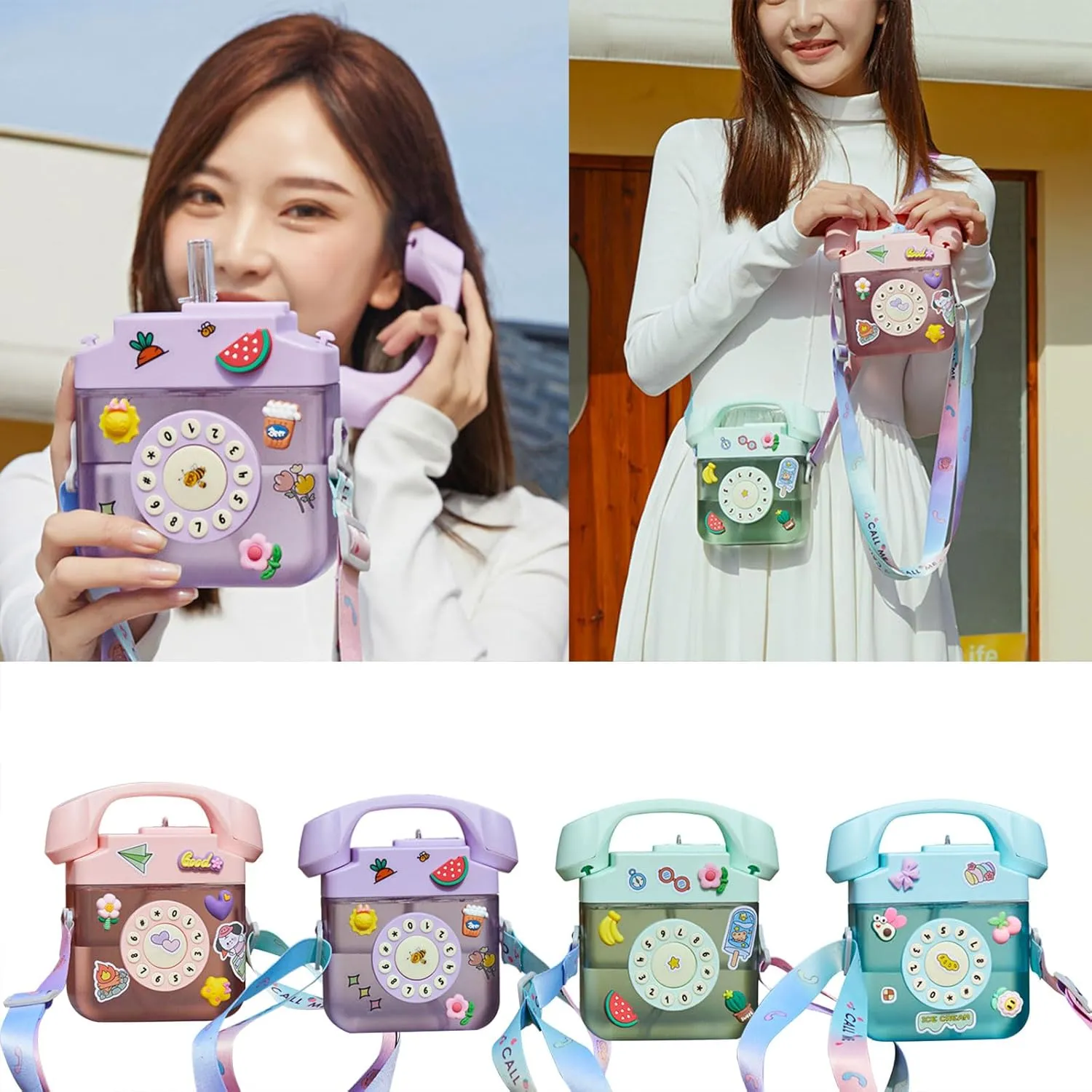 400ML Telephone Shape Plastic Water Bottle Children's Straw Kettle With Strap Stickers For School Travel Sports Outdoor Children's Straw Kettle With Strap