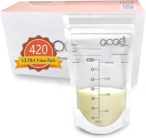 420 CT ULTRA Value Pack Breastfeeding Breastmilk Storage Bags - 7 OZ, EACH PRE-STERILIZED By Gamma Ray, BPA Free, Leak Proof Storing Double Zipper Seal, Self Standing, for Refrigeration and Freezing