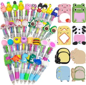 48Pcs Cartoon Multicoloured Ballpoint Pens Set, 32 Cute 4-in-1 Colored Retractable Pens with 16 Animal Sticky Notes, Multi Coloured Pen All in One, Mini Pen for Office School Gifts Party Bag Fillers
