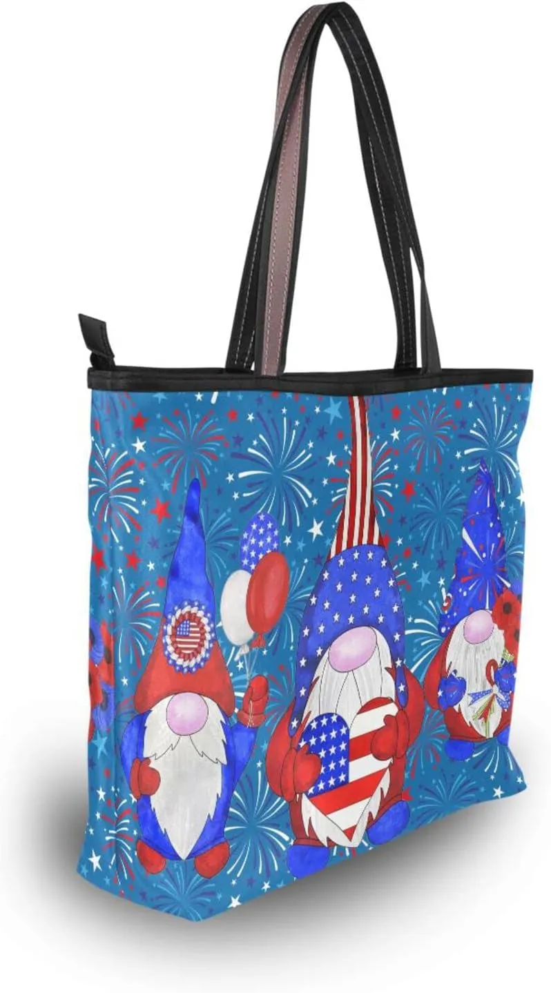 4th July Tote Bag for Women with Zipper,Polyester Tote Purse Gnome Tote Bag Gnome Handbag