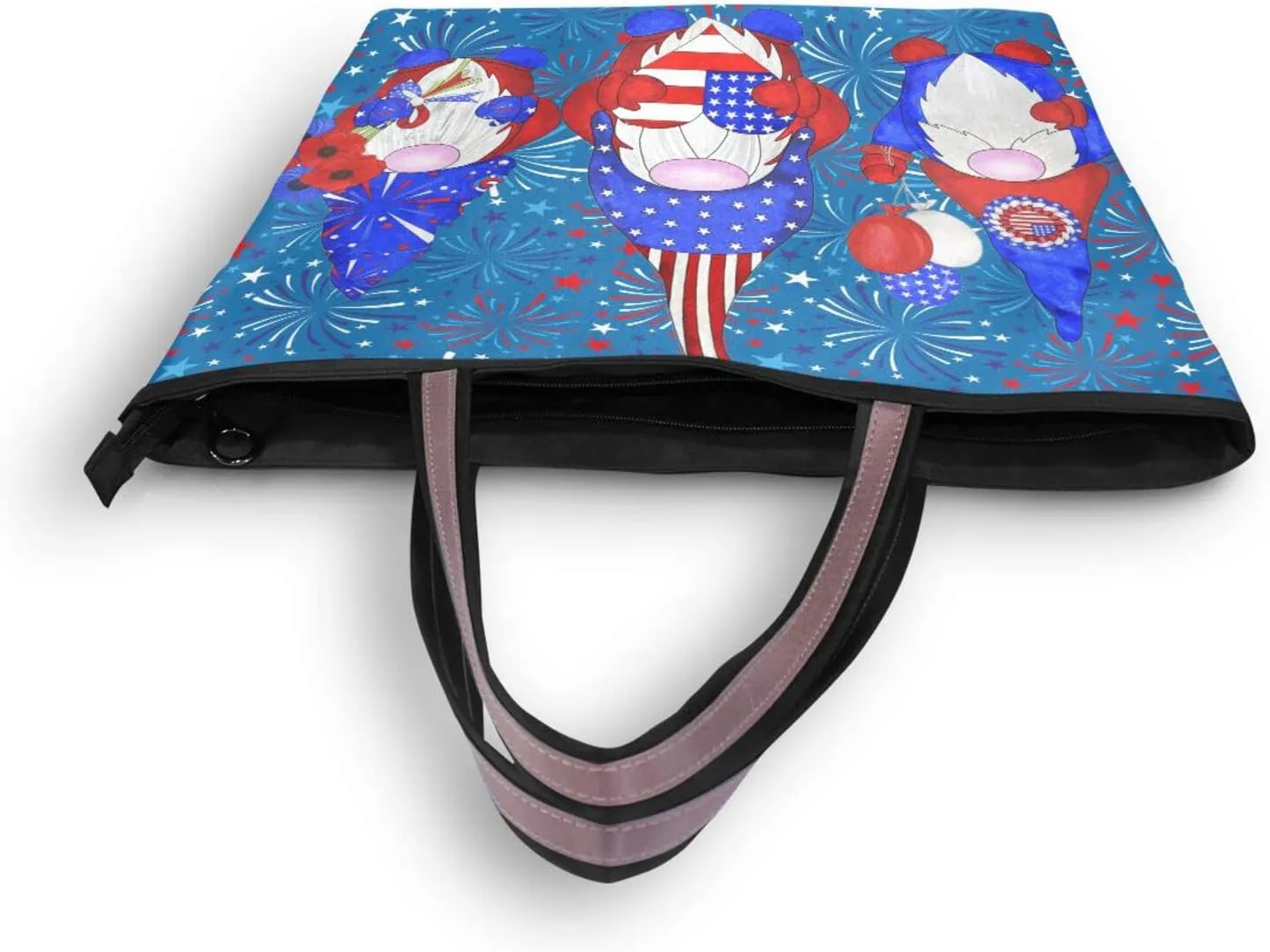 4th July Tote Bag for Women with Zipper,Polyester Tote Purse Gnome Tote Bag Gnome Handbag