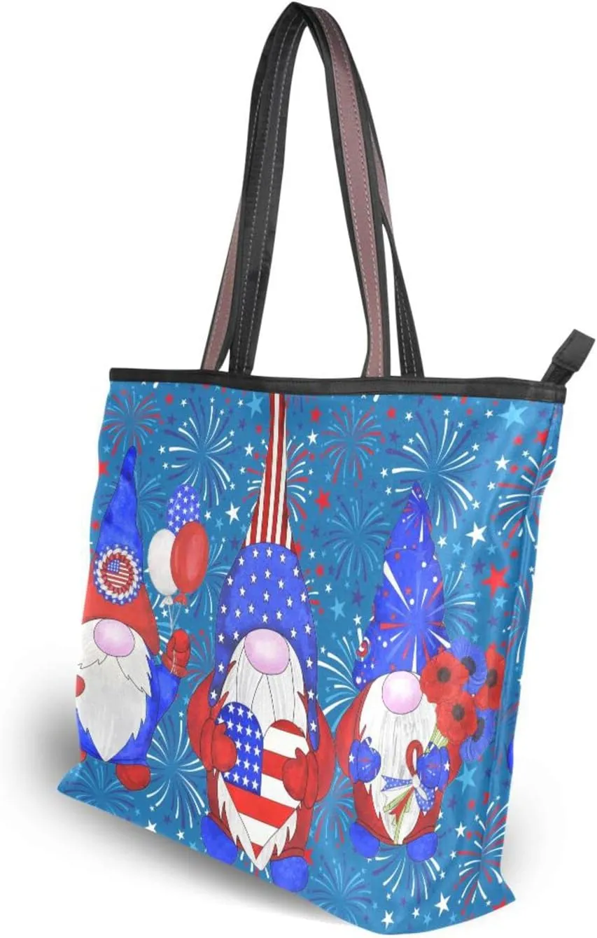 4th July Tote Bag for Women with Zipper,Polyester Tote Purse Gnome Tote Bag Gnome Handbag