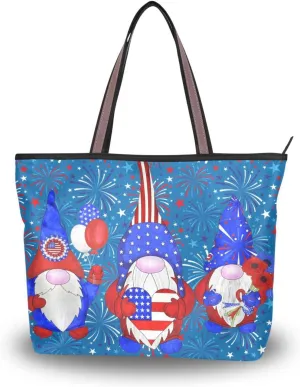 4th July Tote Bag for Women with Zipper,Polyester Tote Purse Gnome Tote Bag Gnome Handbag