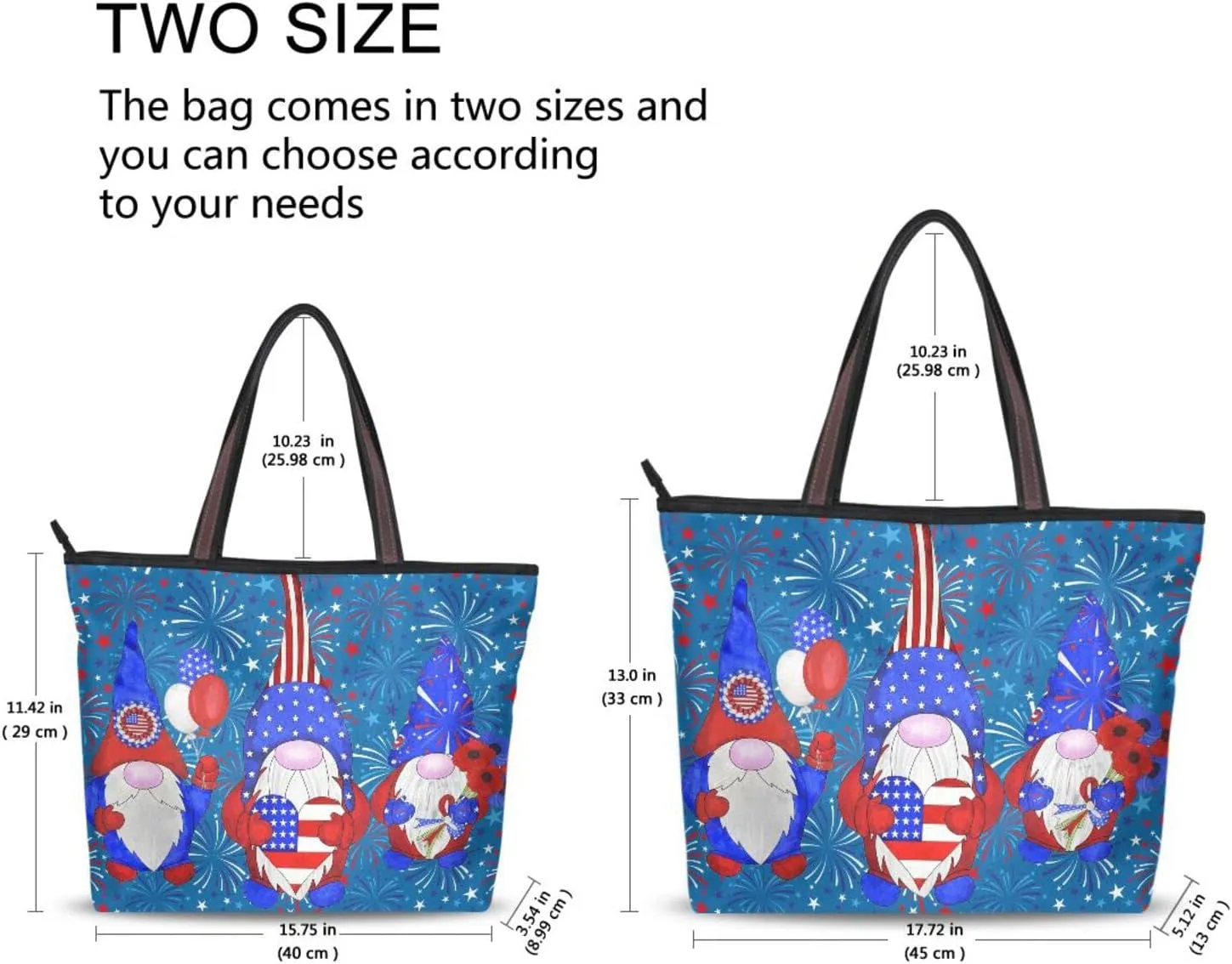4th July Tote Bag for Women with Zipper,Polyester Tote Purse Gnome Tote Bag Gnome Handbag
