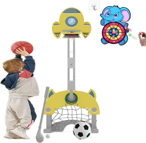 5 in 1 Adjustable Height Sports Center for Toddler 1-3, Indoor Sports Toy Set with Basketball Hoop Soccer Golf Hoops Dart, Best Toys Gift for Kids Ages 3-5 (Yellow)