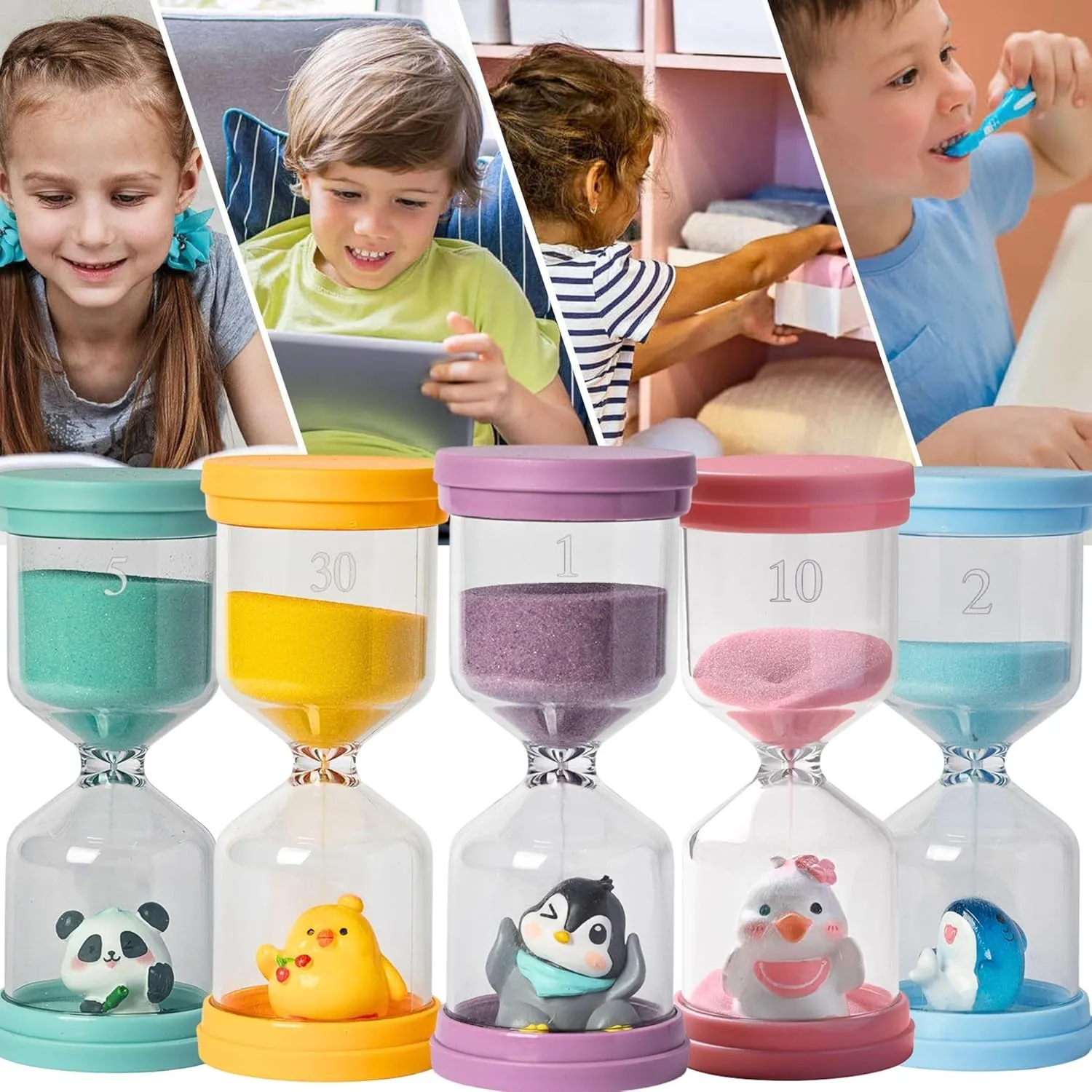 5 Pcs Colourful Plastic Hourglass with Different Animals,Sand Timers 1m/2m/5m/10m/30m,Sand Timers for Students,Games,Classroom,Kitchen,Office,Desk Decor (Pack of 5)