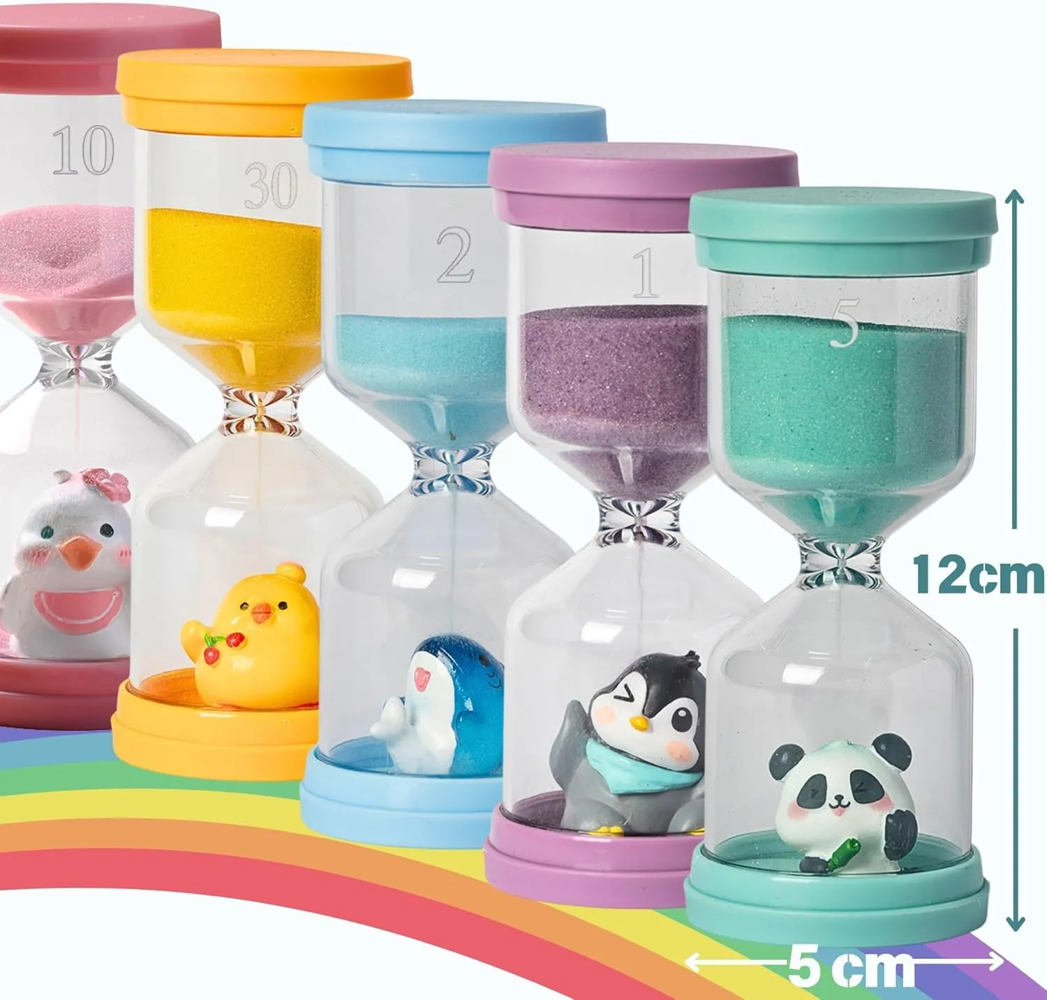 5 Pcs Colourful Plastic Hourglass with Different Animals,Sand Timers 1m/2m/5m/10m/30m,Sand Timers for Students,Games,Classroom,Kitchen,Office,Desk Decor (Pack of 5)