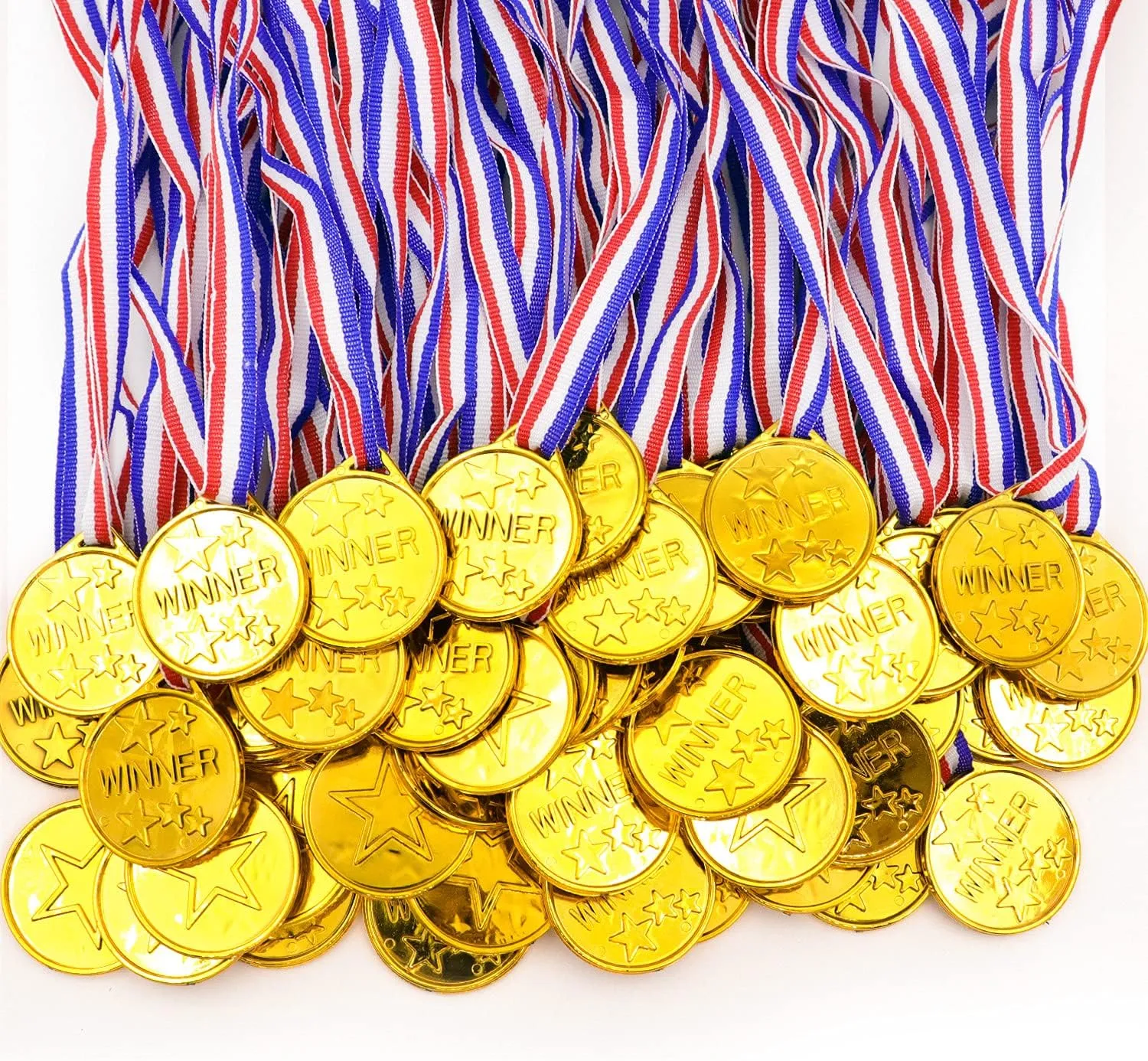 50 Pieces Gold Plastic Winner Award Medals with Ribbon Necklaces for Sports,Games,Competition,Students Rewards,Talent Show,Parties,Party Favors or Decor