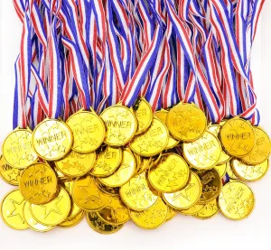 50 Pieces Gold Plastic Winner Award Medals with Ribbon Necklaces for Sports,Games,Competition,Students Rewards,Talent Show,Parties,Party Favors or Decor