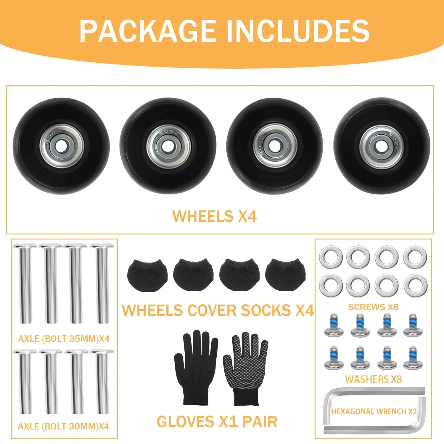 50mm x 18mm Luggage Replacement Wheels Set 4Pcs Rubber Swivel Caster Wheels with 4Pcs Wheels Cover Socks 30mm/35mm Axles and Repair Kit for Luggage Bags Trolley Case