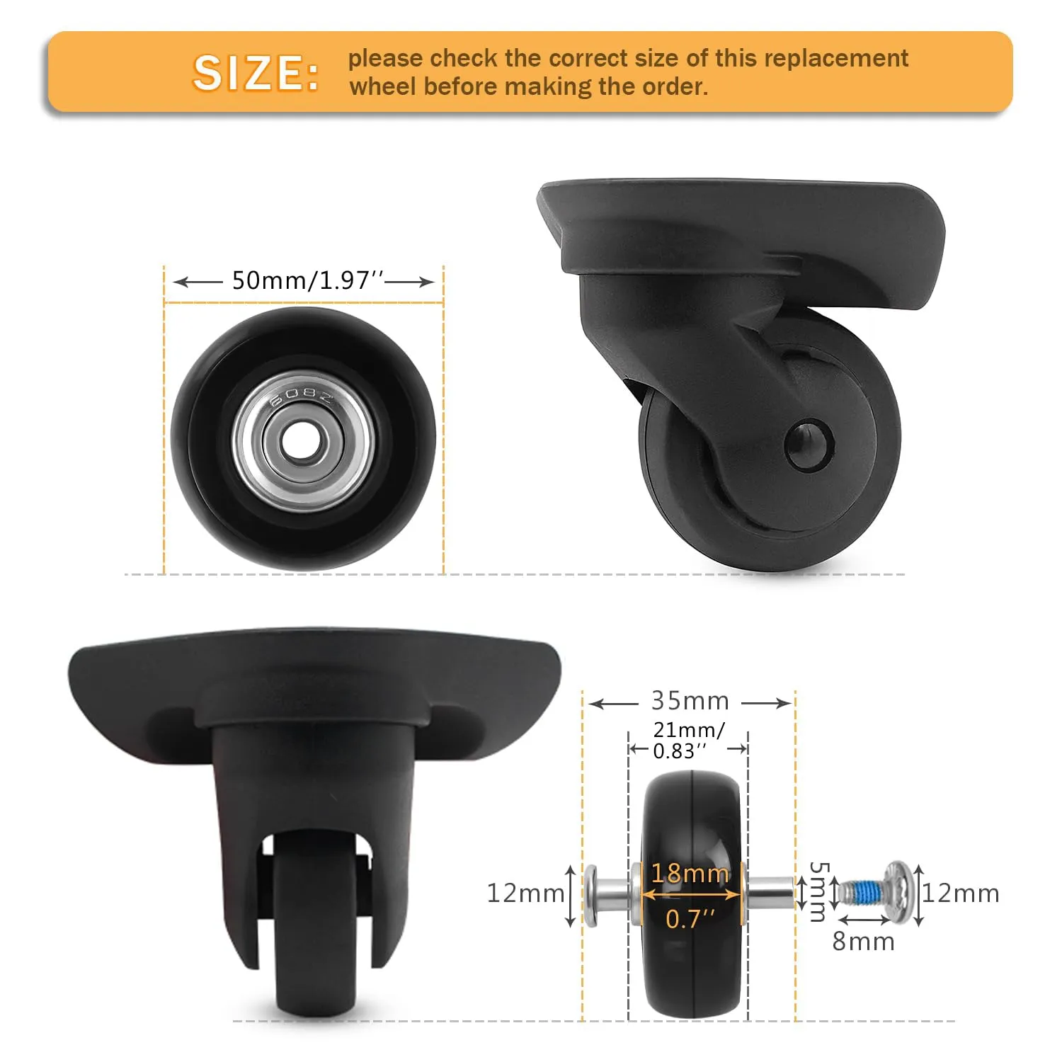 50mm x 18mm Luggage Replacement Wheels Set 4Pcs Rubber Swivel Caster Wheels with 4Pcs Wheels Cover Socks 30mm/35mm Axles and Repair Kit for Luggage Bags Trolley Case